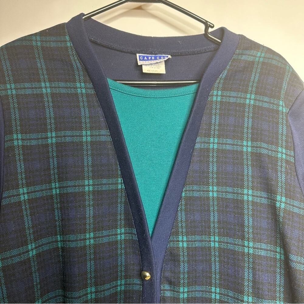 Vintage Cape Cod Faux Cardigan Sweater, Plaid, Button Front, Blue, MEDIUM, USA - Picture 3 of 8